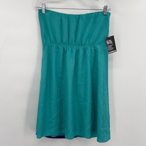 Express Women's Strapless Green/Blue Front Ruched Stretchy Mini Dress 12 NWT - Picture 2 of 7